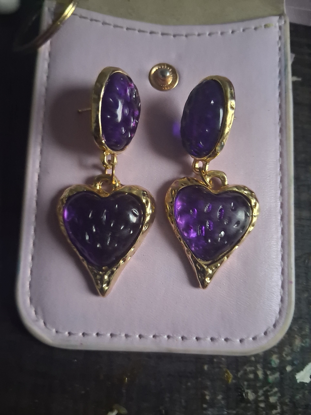 Gold-Trim Purple Heart Drop Earrings
